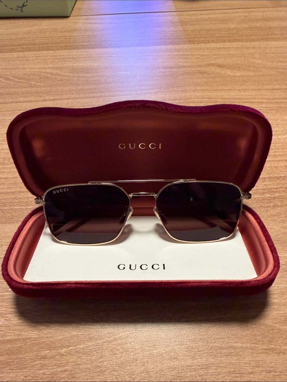 Gucci Men’s Gold Frame Sunglasses with Brown Lenses in Red Case